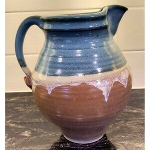 Signed Handcrafted Pitcher With Blue & Brown Gradient Glaze